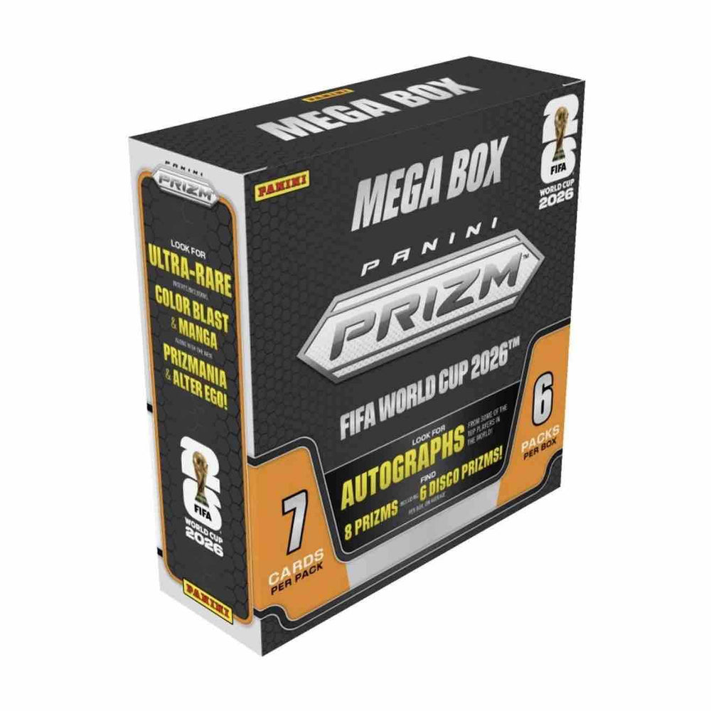 Panini 2026 Prizm FIFA World Cup Soccer Mega Box, side view of the sealed box
